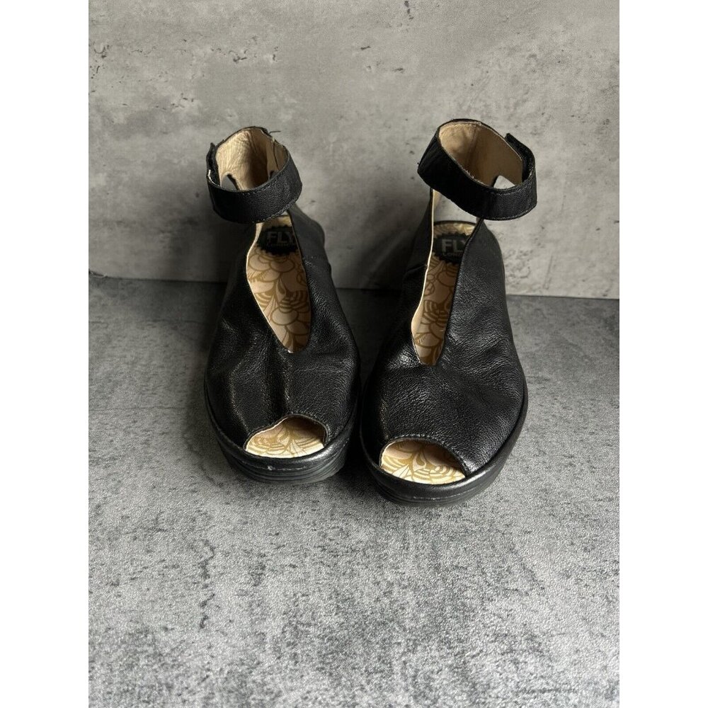 Fly London Yala Peep Toe Black Leather Platform Wedge Sandal EU 37 US 6.5 - Picture 9 of 16